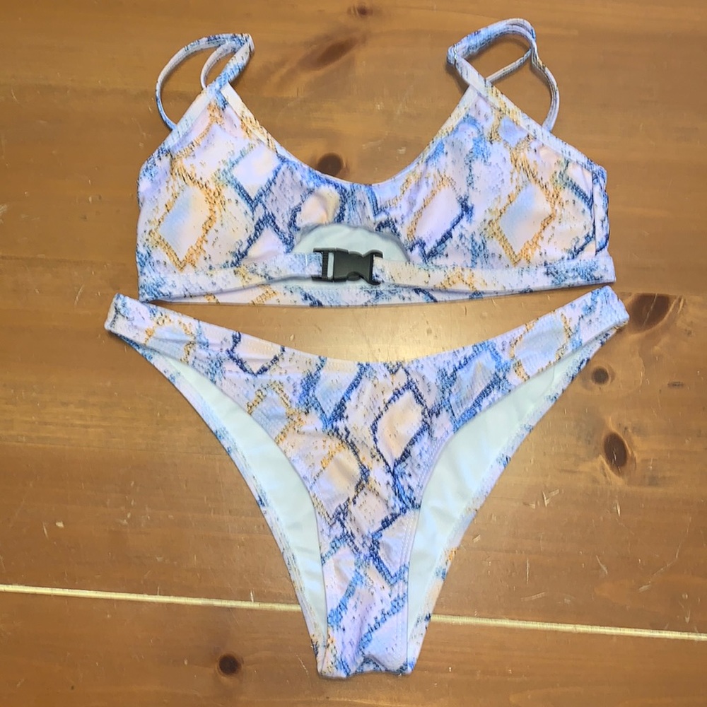 Shein 2 piece Bikini Swim Wear Size Medium Pink Blue Snake Skin Print Cheeky